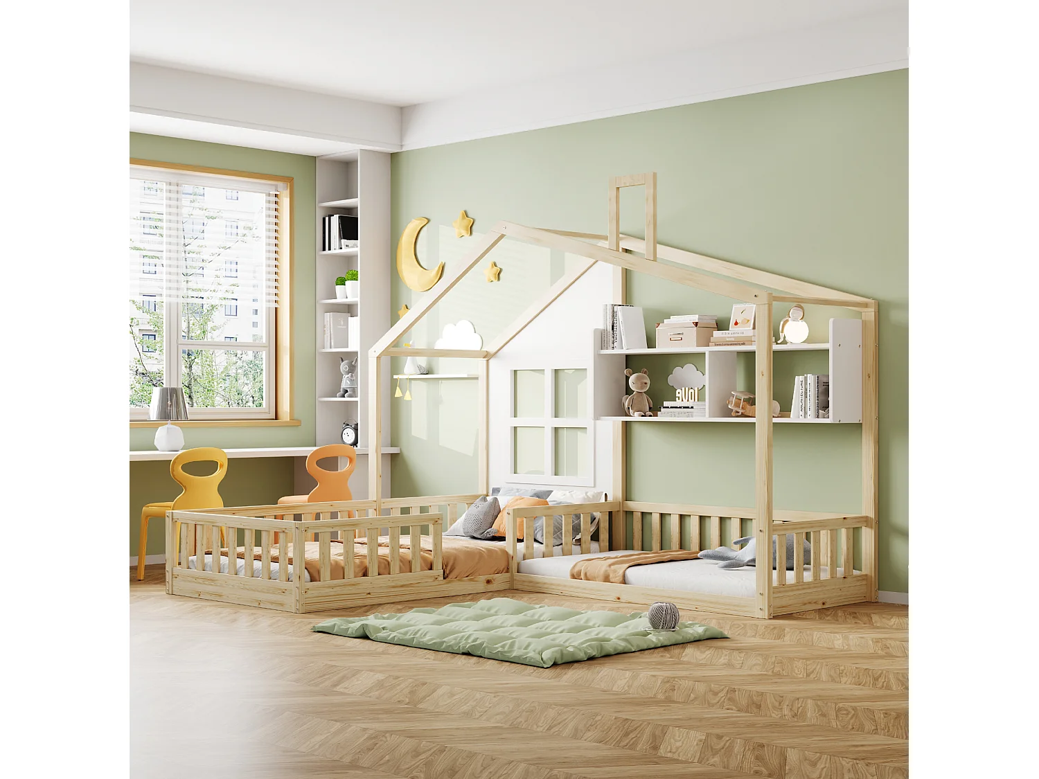 Łóżko dziecięce kabinowe 90 x 200 cm + 140 x 70 cm z półkami - Sklejka + MDF + sosna - Stelaż listwowy w zestawie - Kolor drewna 3957636 - obrazek 1