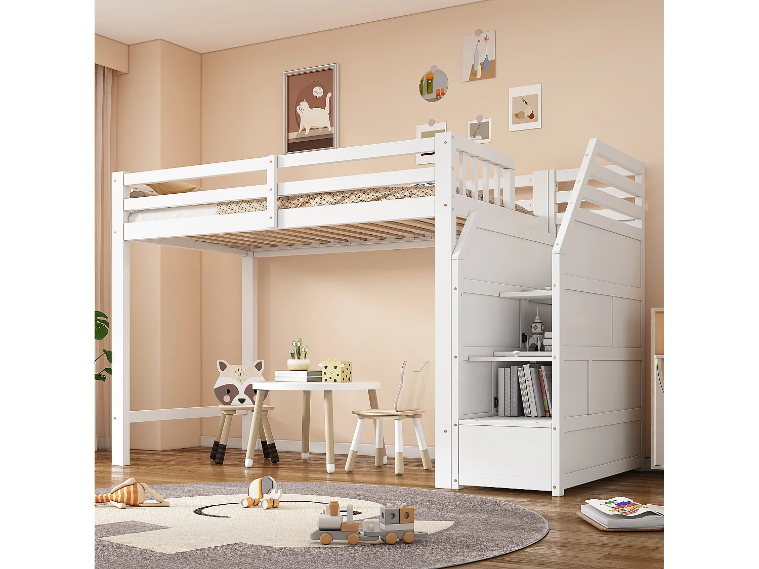 Łóżko piętrowe 90 x 200 cm z barierkami zabezpieczającymi, 2 przegrodami i wolną przestrzenią - Sosna + MDF - Białe (bez materaca) 3957765 - obrazek 1