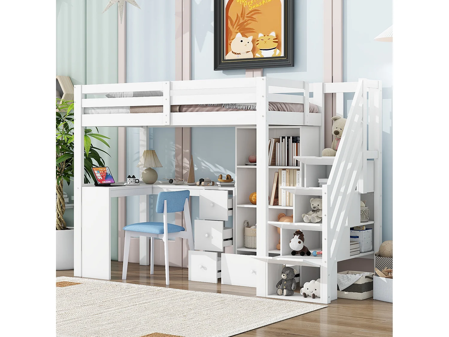 Łóżko piętrowe 90 x 200 cm z biurkiem, szufladami i szafką - Sosna + MDF - Białe (bez materaca) 3957778 - obrazek 1