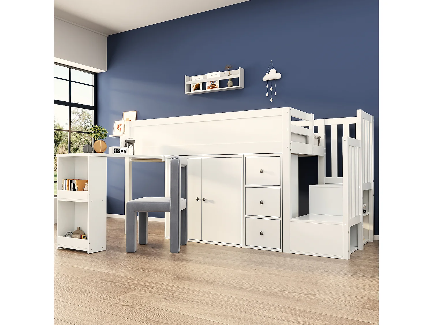 Łóżko piętrowe 90 x 200 cm z przesuwanym biurkiem, szafą i 3 szufladami - MDF - Białe (bez materaca) 3957780 - obrazek 1