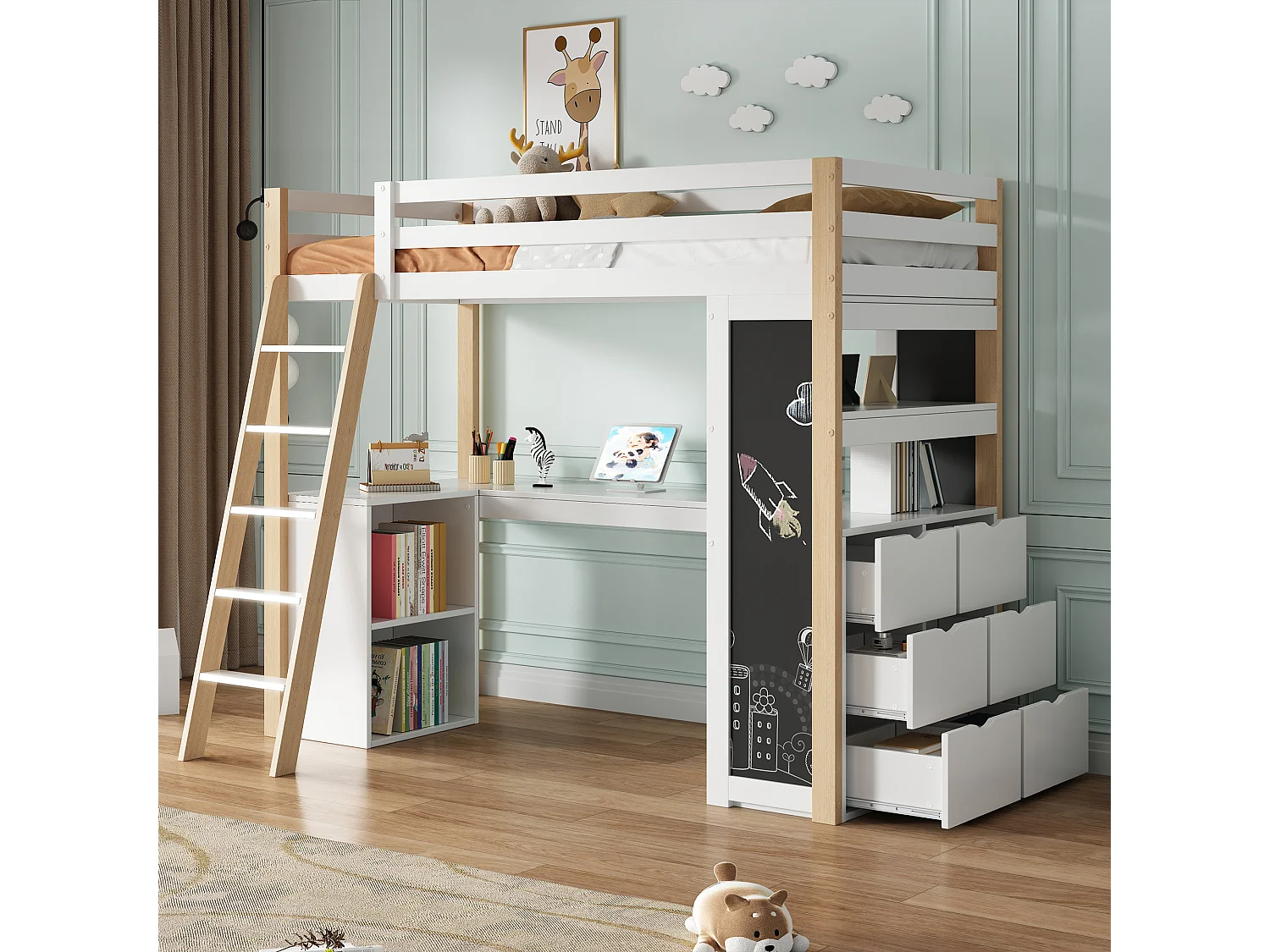 Łóżko piętrowe 90 x 200 cm z biurkiem narożnym, 6 szufladami i półką - Drewno lite + MDF - Biały + naturalny (bez materaca) 3957789 - obrazek 1