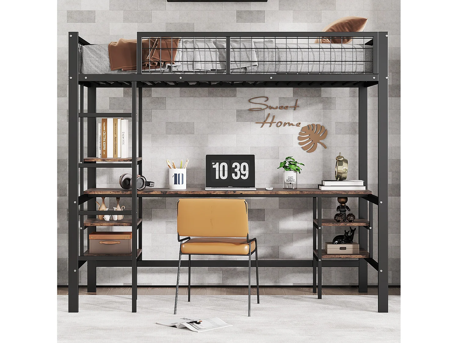 Łóżko piętrowe 90 x 200 cm z biurkiem i półkami do przechowywania - Żelazo + płyta wiórowa - dla dzieci - Czarno-brązowe 3957790 - obrazek 1
