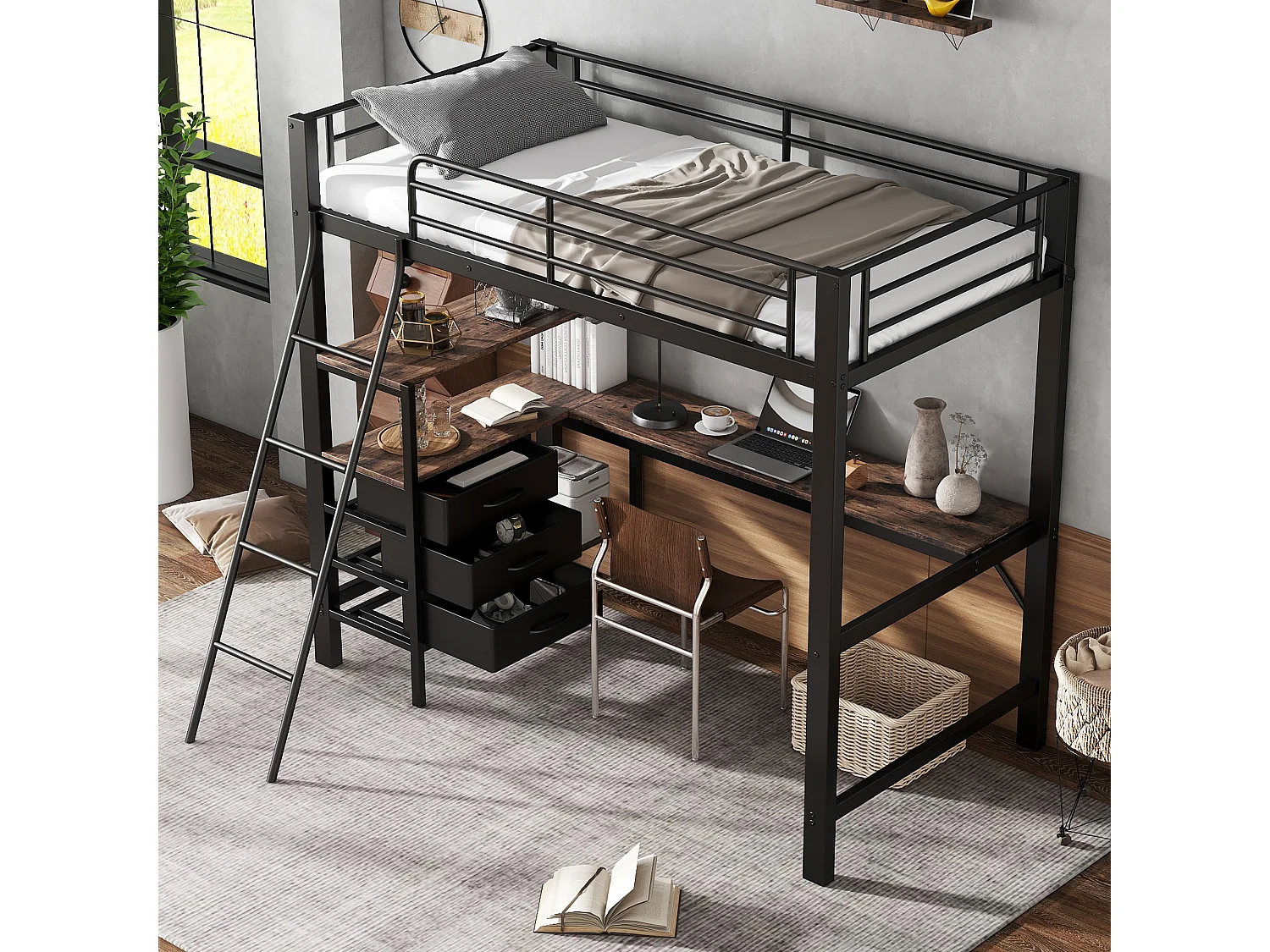 Łóżko piętrowe 90 x 200 cm z biurkiem narożnym, 3 szufladami i półkami - Metal + płyta wiórowa - Czarny i orzech (bez materaca) 3957801 - obrazek 1
