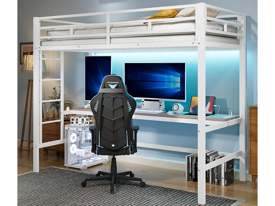 Łóżko mezzanine 90x200 cm - z barierkami - z drabiną - stół z USB i gniazdami - oświetlenie LED przewodowe - metal - biały (materac nie jest w zestawie) 3963976 - obrazek 1