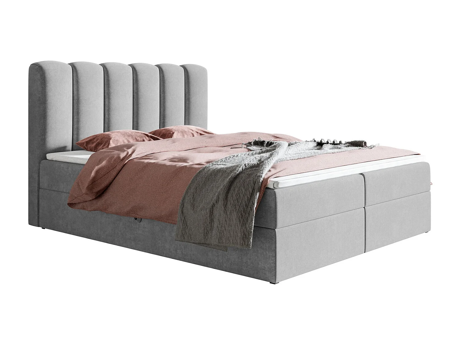 Łóżko kontynentalne 180x200 Rimini z materacem H3 i topperem, pojemnik, łóżko dwuosobowe, jasnoszare 3965656 - obrazek 1