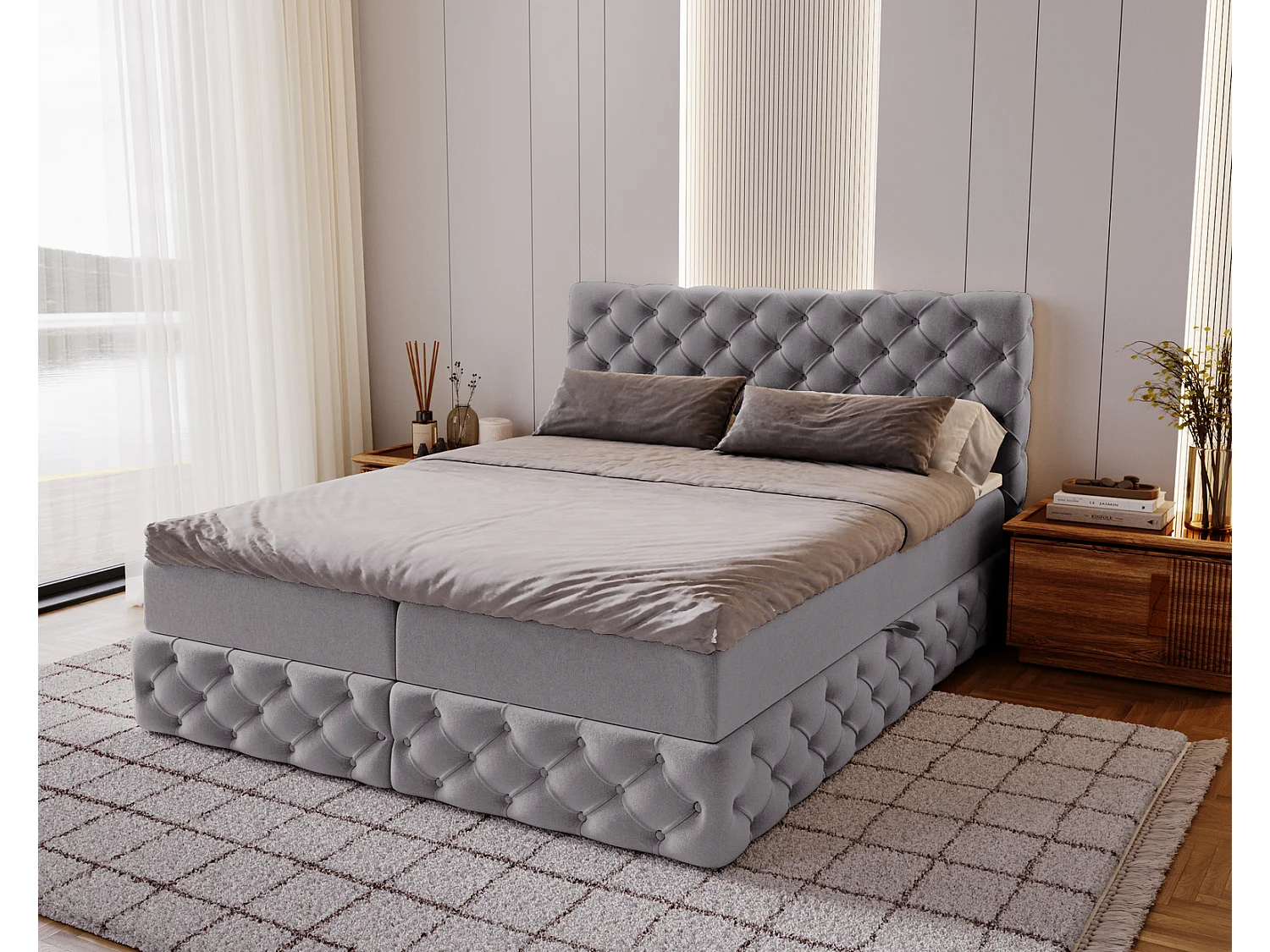 Łóżko kontynentalne 180x200 Royal z materacem i pojemnikiem, pikowane Chesterfield glamour, szare 3973312 - obrazek 1