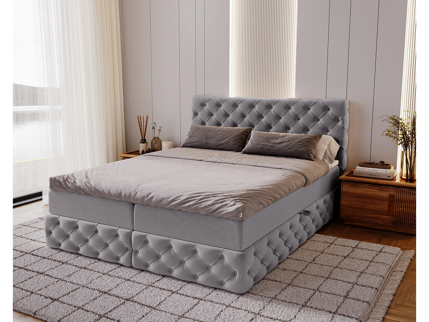 Łóżko kontynentalne 140x200 Royal z materacem i pojemnikiem, pikowane Chesterfield glamour, szare 3973301 - obrazek 1