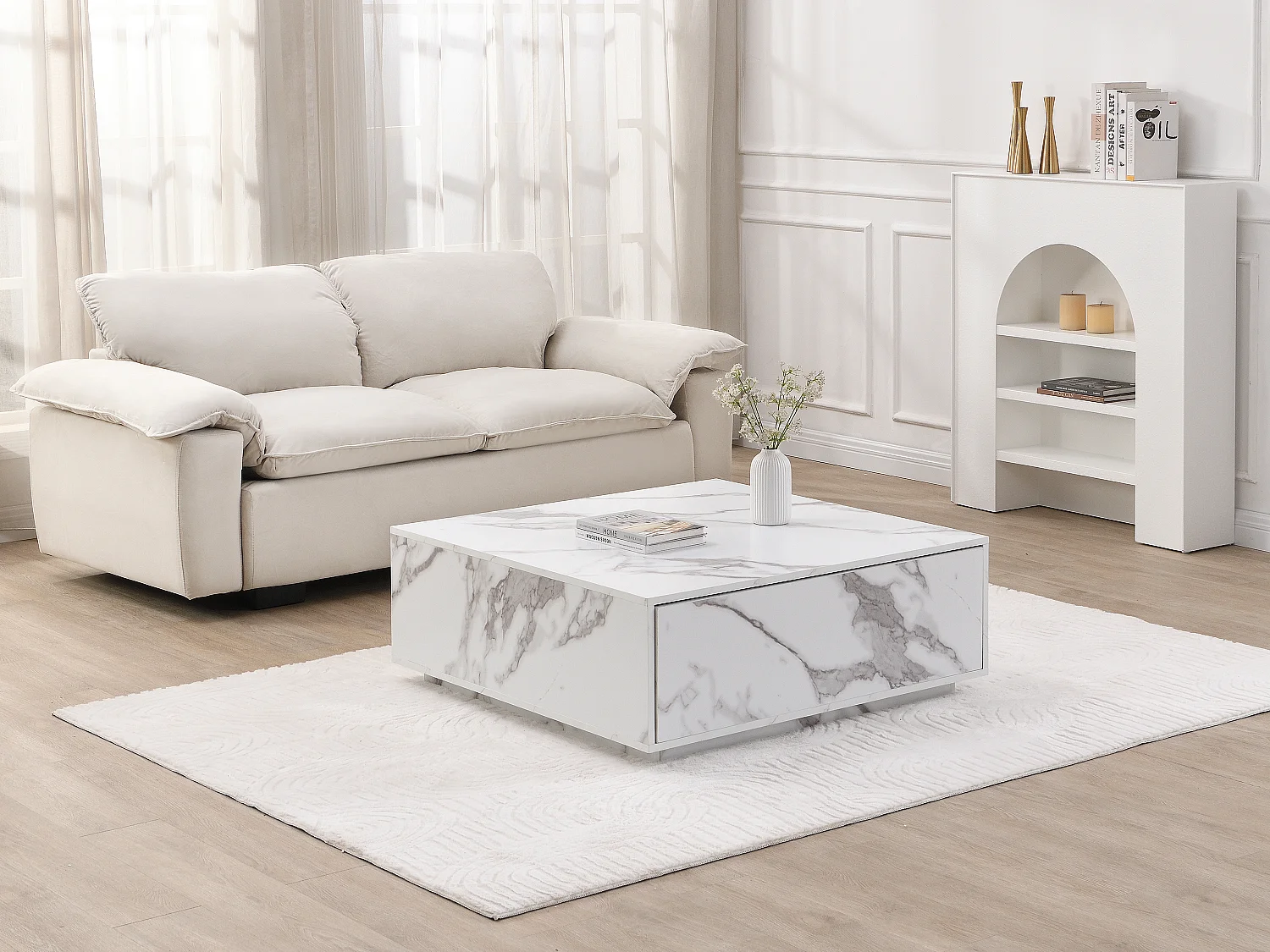 Stolik kawowy z 2 szufladami z MDF - szer. 90 cm Efekt białego marmuru - ANTRIM 2916332 - obrazek 1