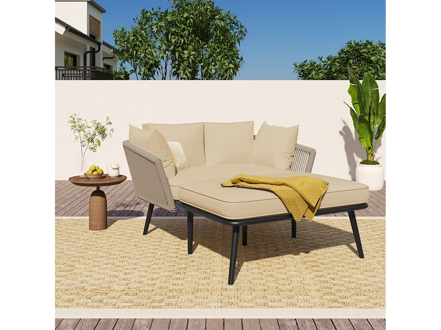 2-osobowa stalowa sofa ogrodowa z 2 poduszkami siedziskowymi o grubości 10 cm – Leżak ogrodowy – Khaki 3979268