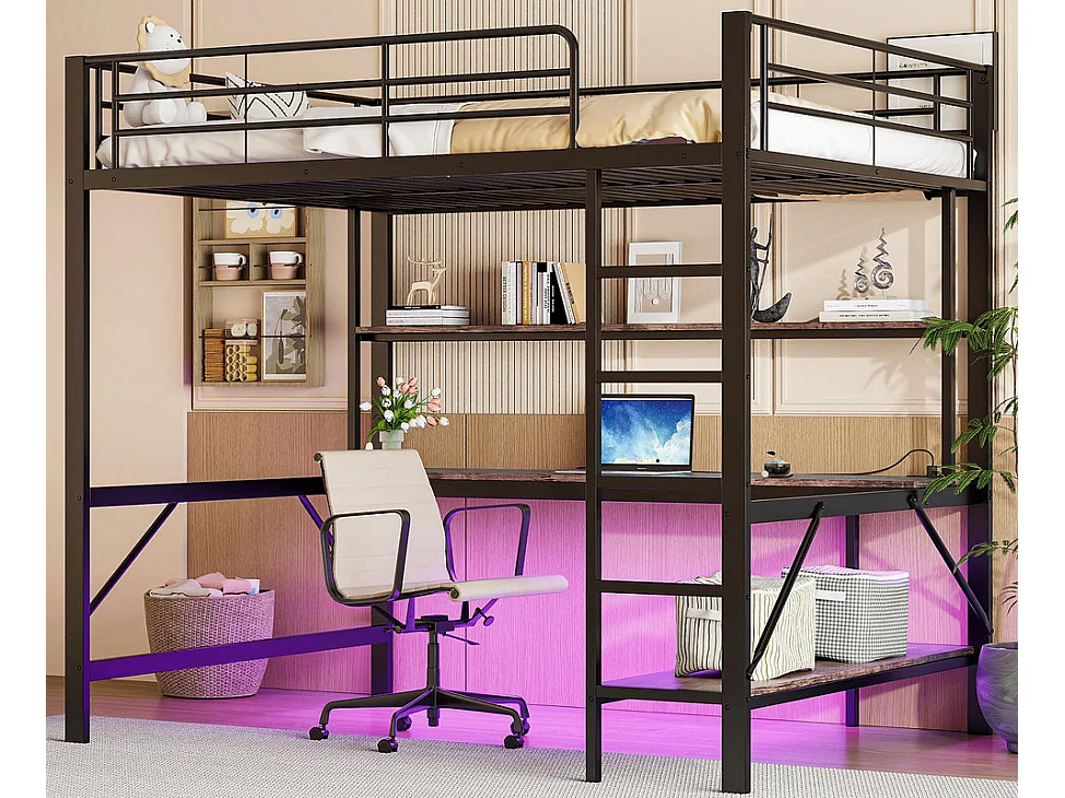 Łóżko mezzanine 140x200 cm - z barierkami - z drabiną - z USB i gniazdkami - z oświetleniem LED - z biurkiem + półkami wielopoziomowymi - czarne (bez materaca) 3979994 - obrazek 1