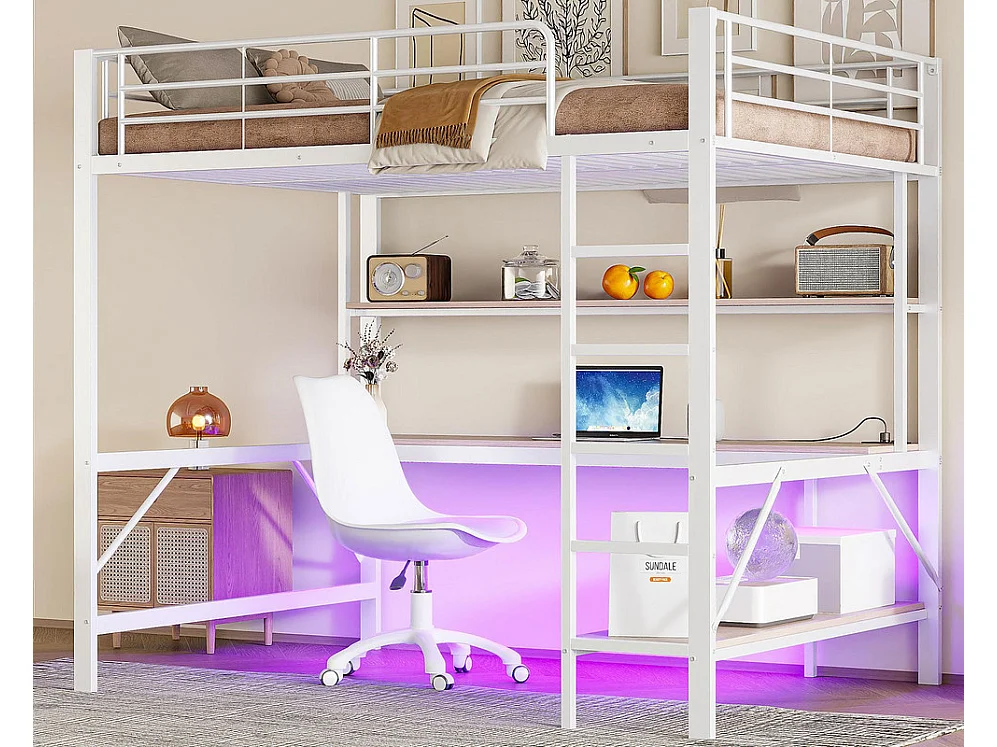 Łóżko mezzanine 140x200 cm - z barierkami - z drabiną - z USB i gniazdkami - z oświetleniem LED - z biurkiem + półkami wielopoziomowymi - białe (bez materaca) 3979997 - obrazek 1