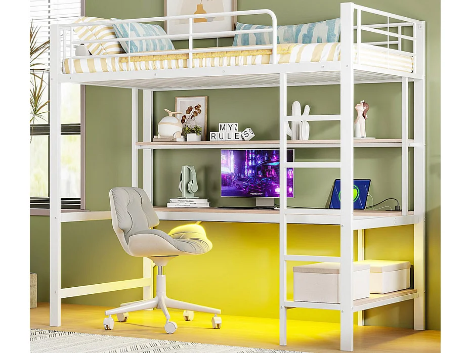 Łóżko mezzanine 90x200 cm - z barierkami - z drabiną - z USB i gniazdkami - z oświetleniem LED - z biurkiem + wielopoziomowymi półkami - białe (bez materaca) 3979999 - obrazek 1