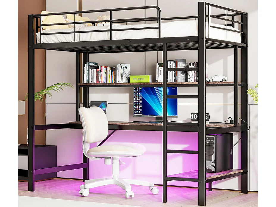 Łóżko mezzanine 90x200 cm - z barierkami - z drabiną - z USB i gniazdkami - z oświetleniem LED - z biurkiem + wielopoziomowymi półkami - czarne (bez materaca) 3980001 - obrazek 1