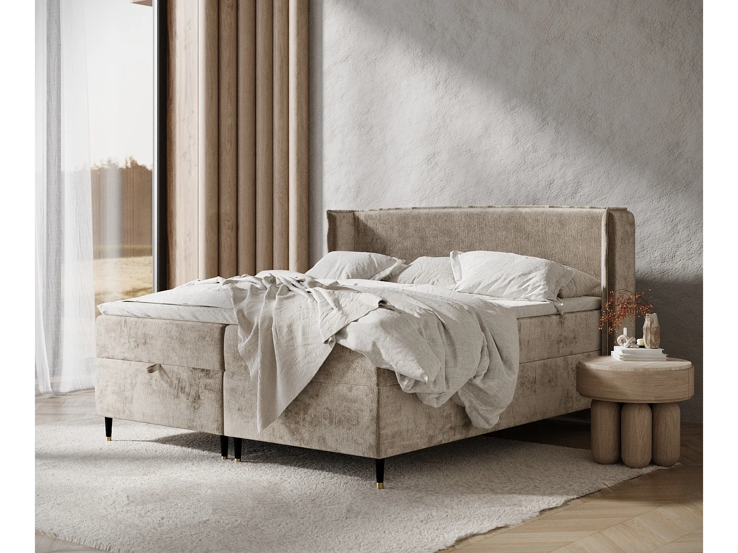 Łóżko boxspring w tkaninie szenilowej Monpelli - materac - topper - 200x200 cm - beżowy 3980782 - obrazek 1