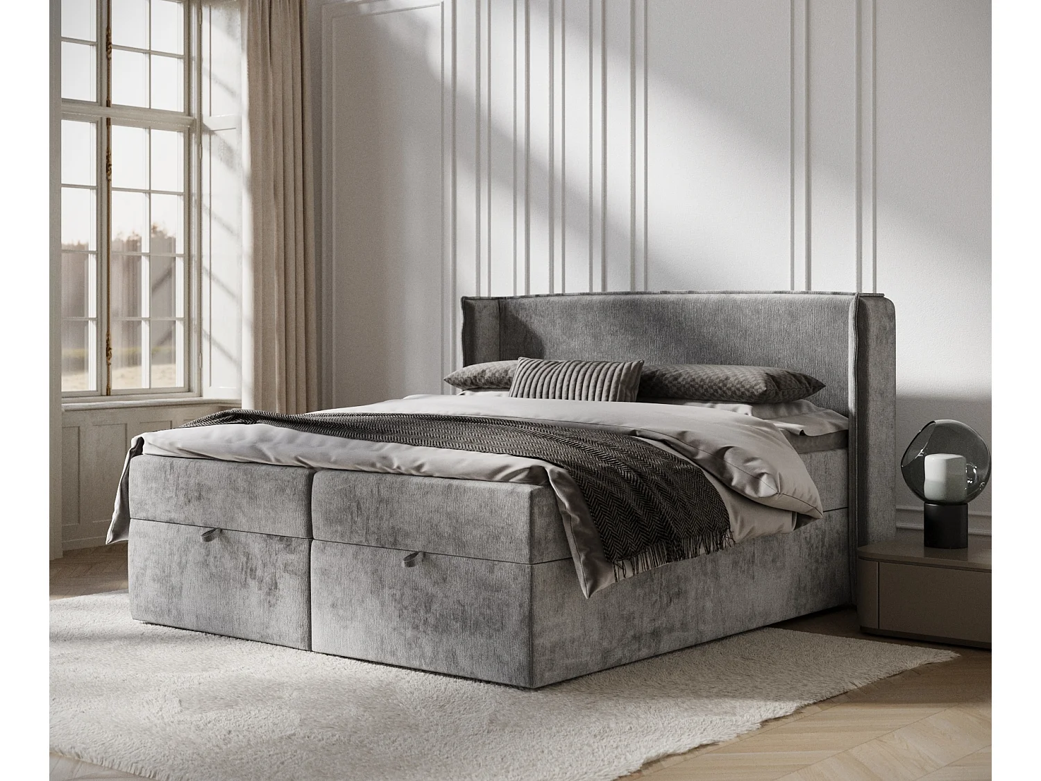 Łóżko boxspring w tkaninie szenilowej Passion - materac - topper - 160x200 cm - szary 3980800 - obrazek 1