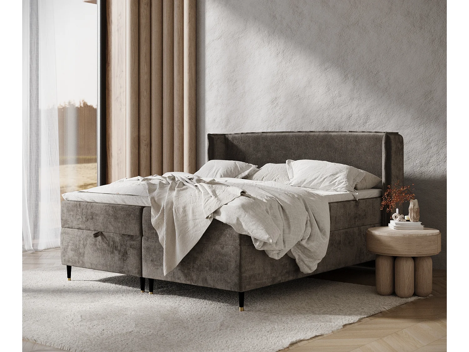 Łóżko boxspring w tkaninie szenilowej Monpelli - materac - topper - 180x200 cm - brązowy 3980808 - obrazek 1