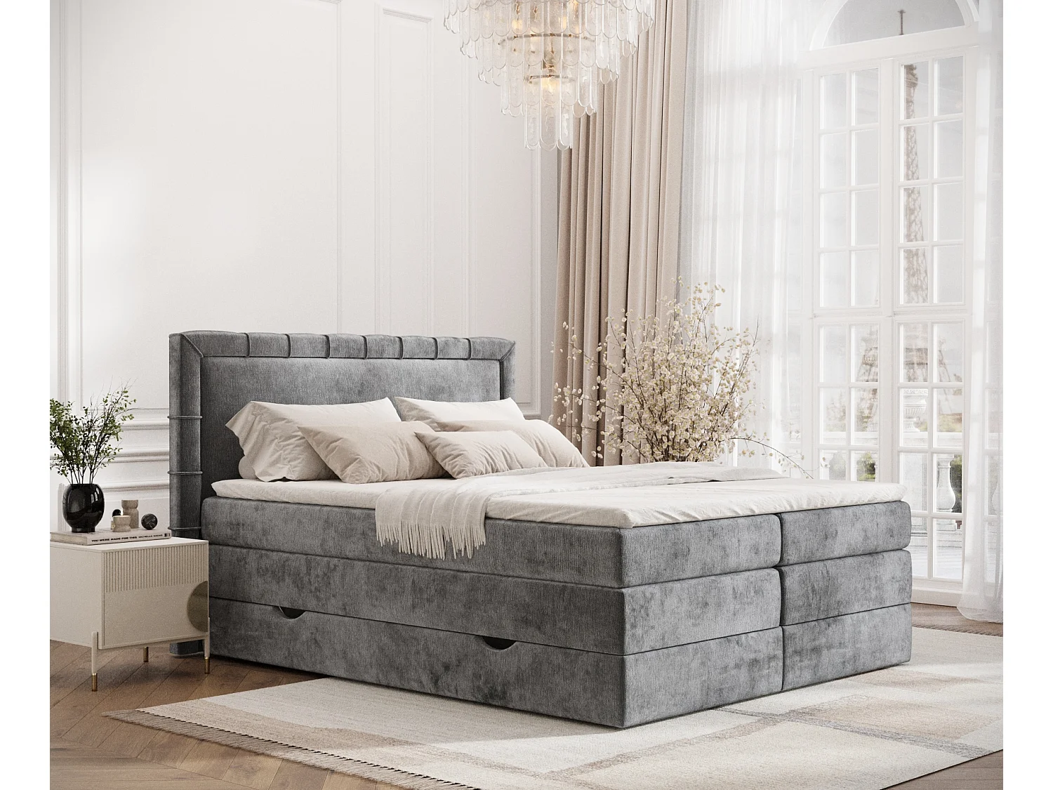 Łóżko boxspring w tkaninie szenilowej Rosabel - materac - topper - 180x200 cm - szary 3980815 - obrazek 1