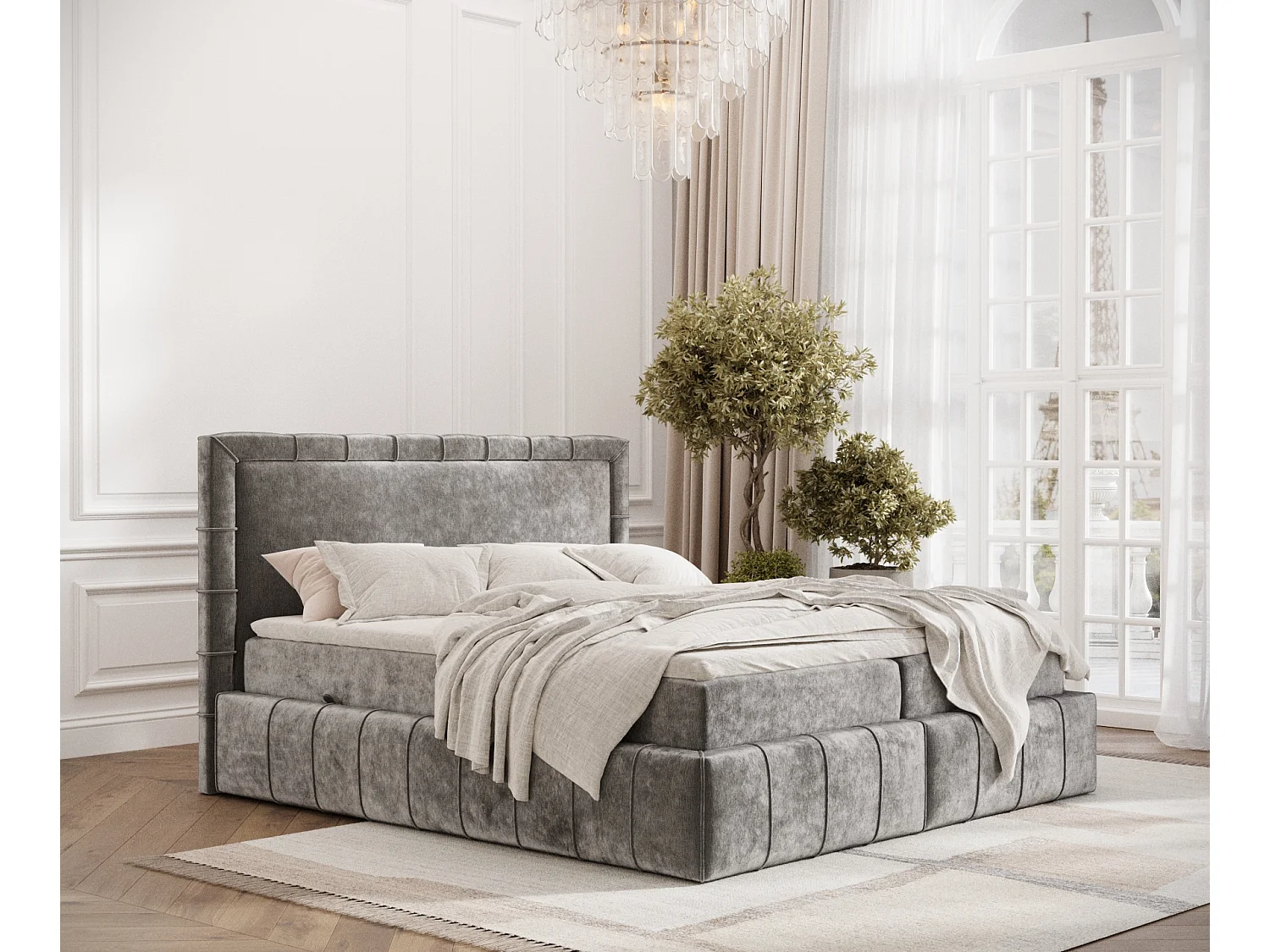 Łóżko boxspring w tkaninie szenilowej Sundown - materac - topper - 200x200 cm - szary 3980818 - obrazek 1