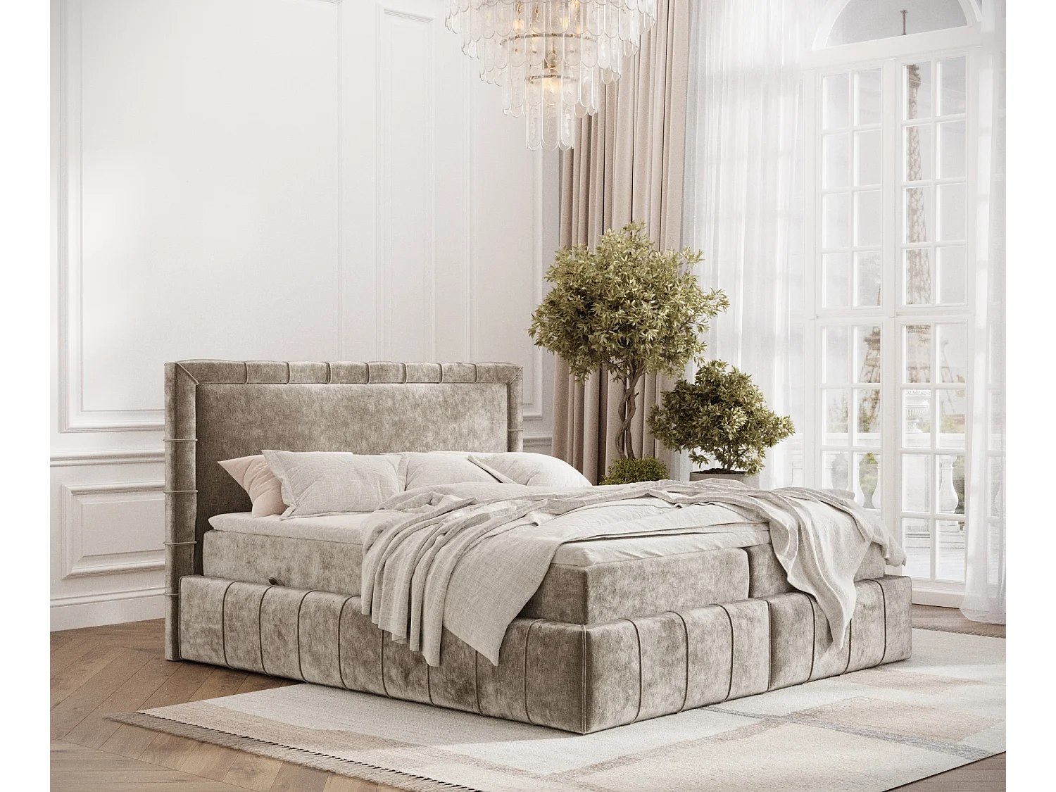 Łóżko boxspring w tkaninie szenilowej Sundown - materac - topper - 140x200 cm - beżowy 3980869 - obrazek 1