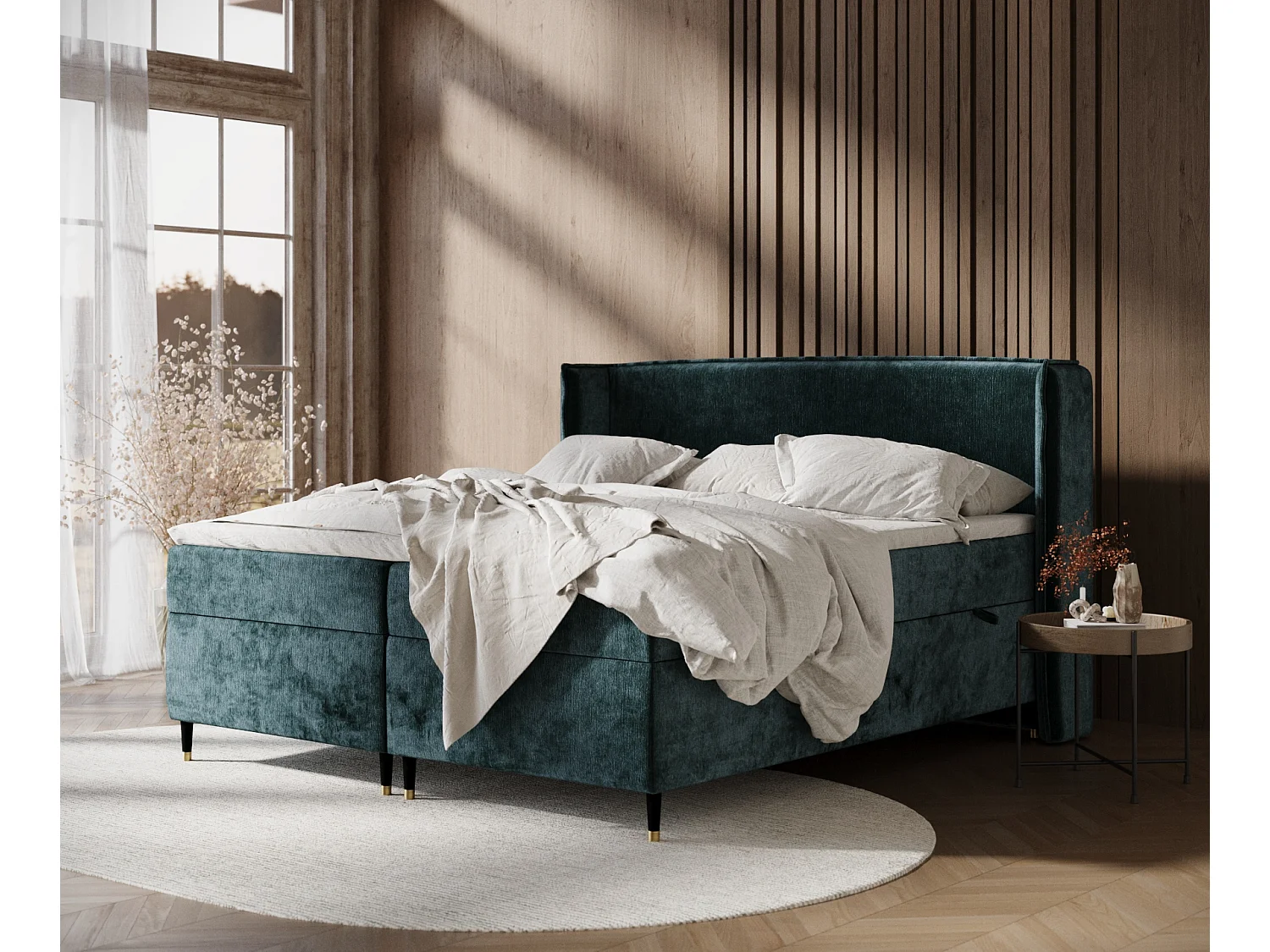 Łóżko boxspring w tkaninie szenilowej Segni - materac - topper - 180x200 cm - teal 3980907 - obrazek 1