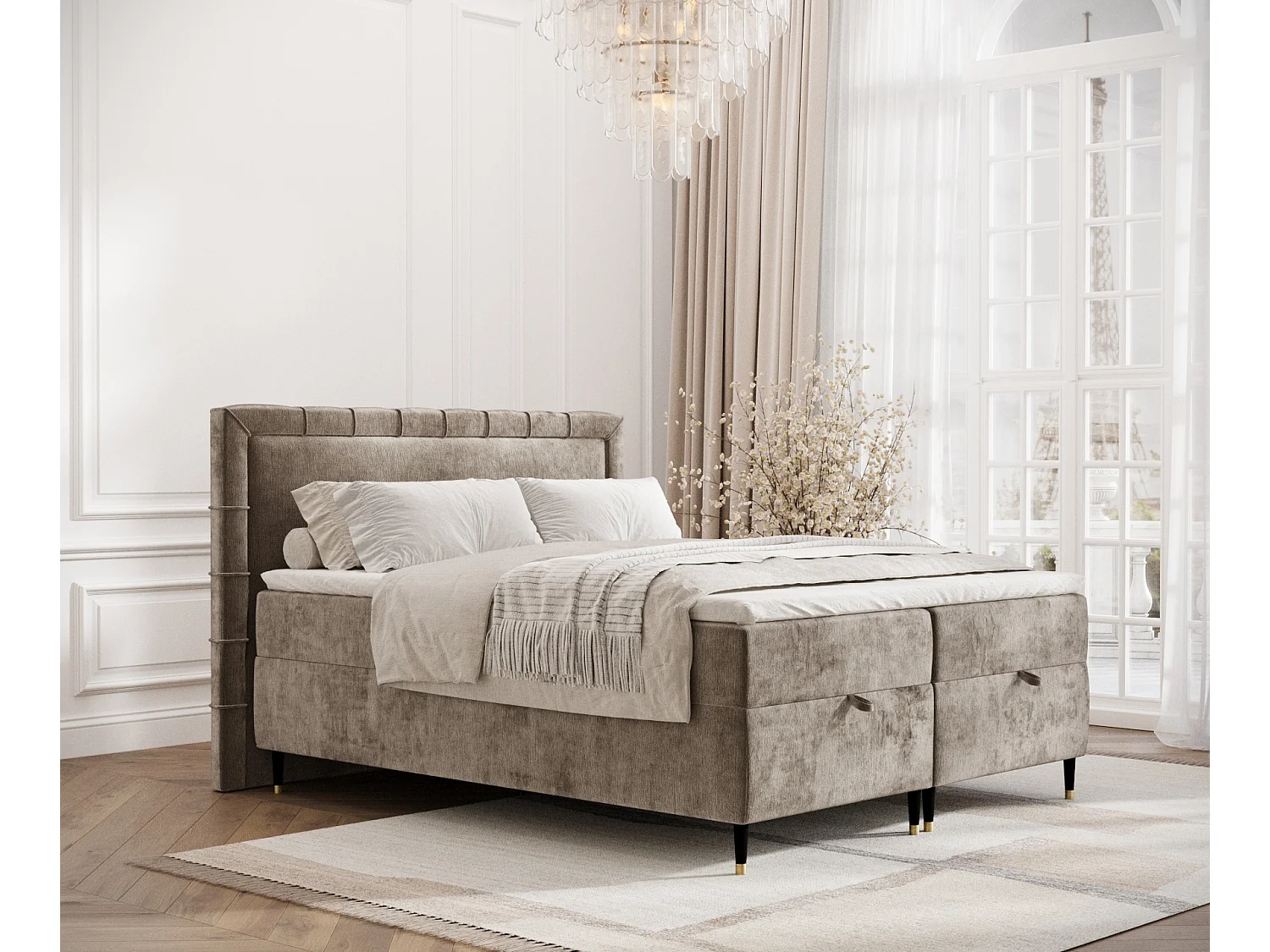 Łóżko boxspring w tkaninie szenilowej Voyage - materac - topper - 200x200 cm - beżowy 3980964 - obrazek 1