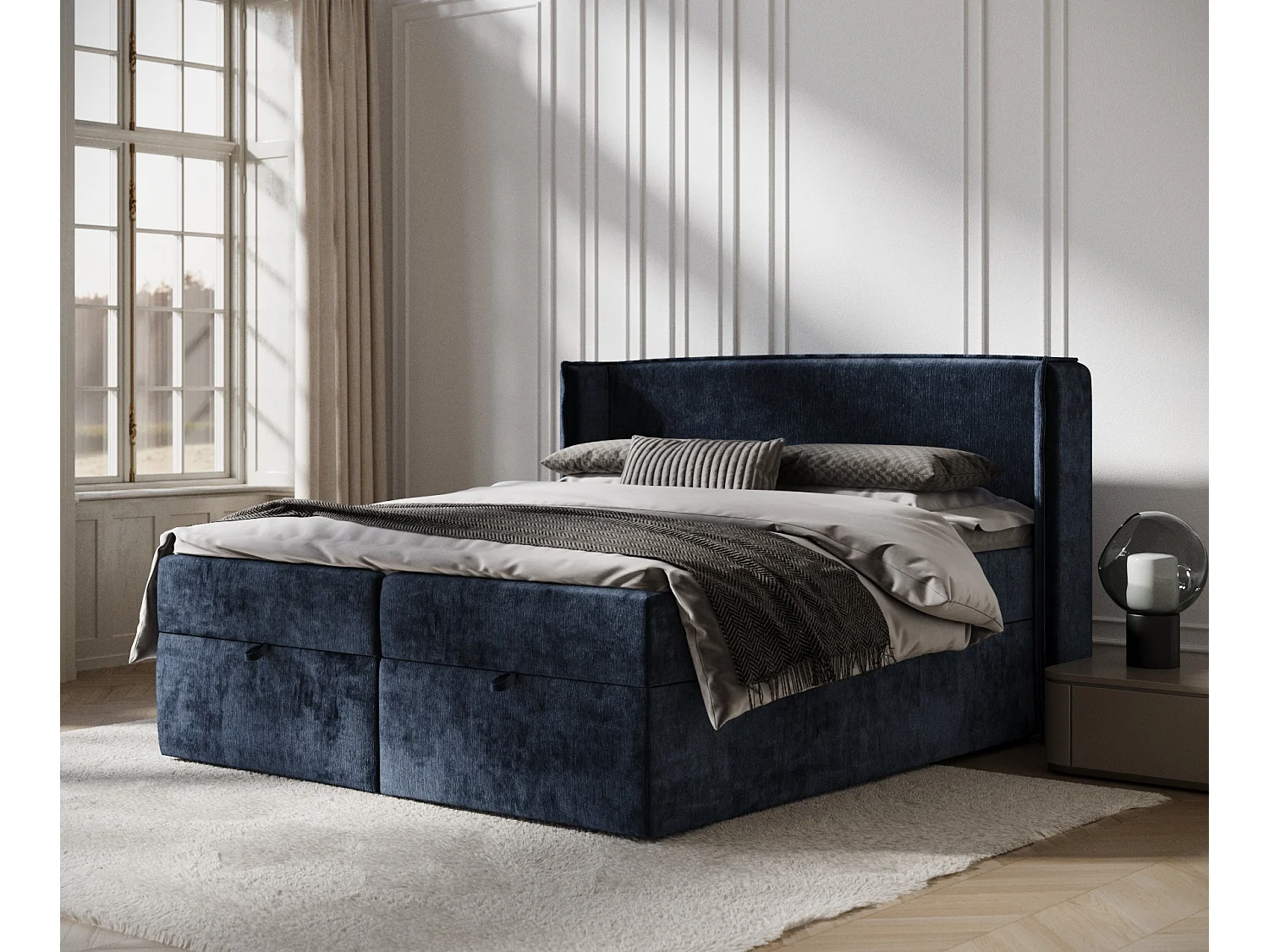 Łóżko boxspring w tkaninie szenilowej Passion - materac - topper - 200x200 cm - granatowy 3981004 - obrazek 1