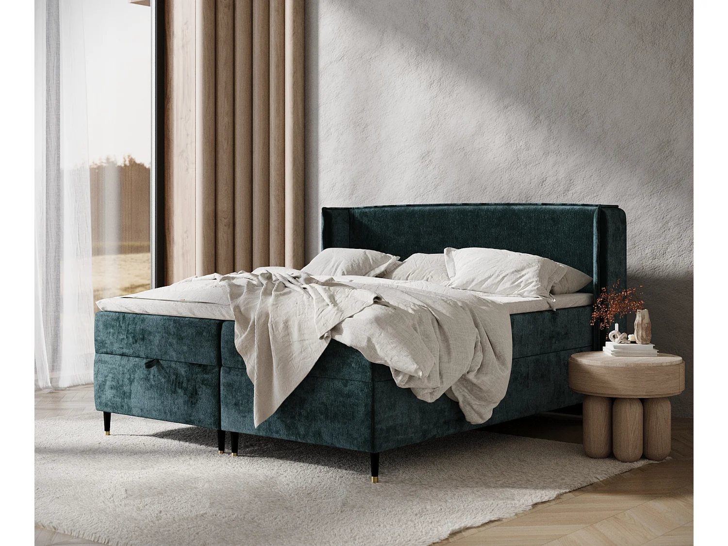 Łóżko boxspring w tkaninie szenilowej Monpelli - materac - topper - 180x200 cm - teal 3981006 - obrazek 1