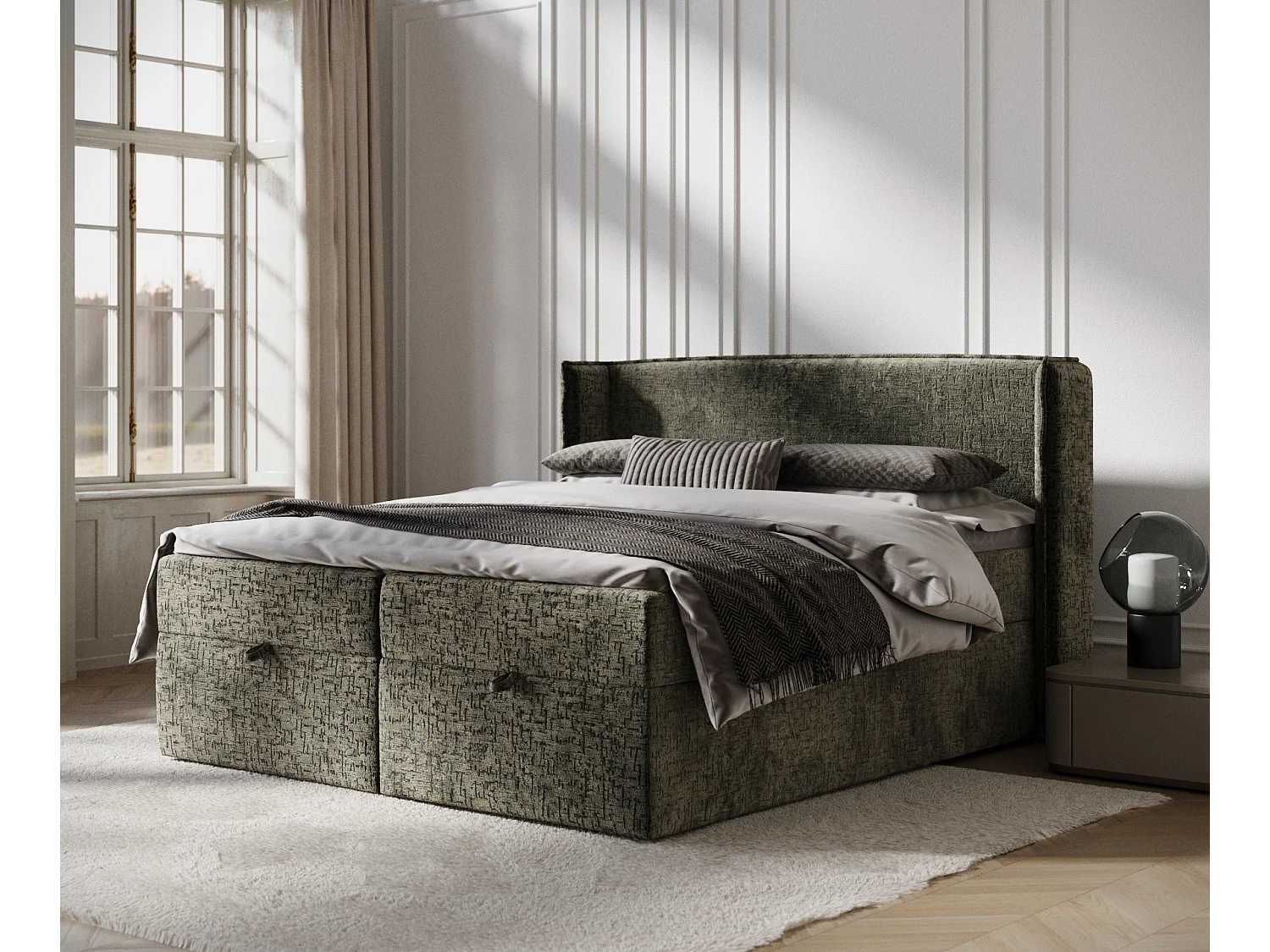 Łóżko boxspring w tkaninie szenilowej Passion – materac – topper – 160×200 cm – oliwkowy 3981128