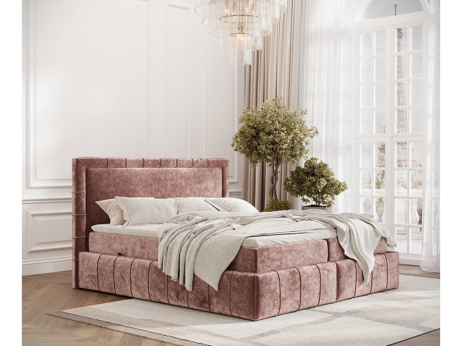 Łóżko boxspring w tkaninie szenilowej Sundown - materac - topper - 180x200 cm - różowy 3981151 - obrazek 1