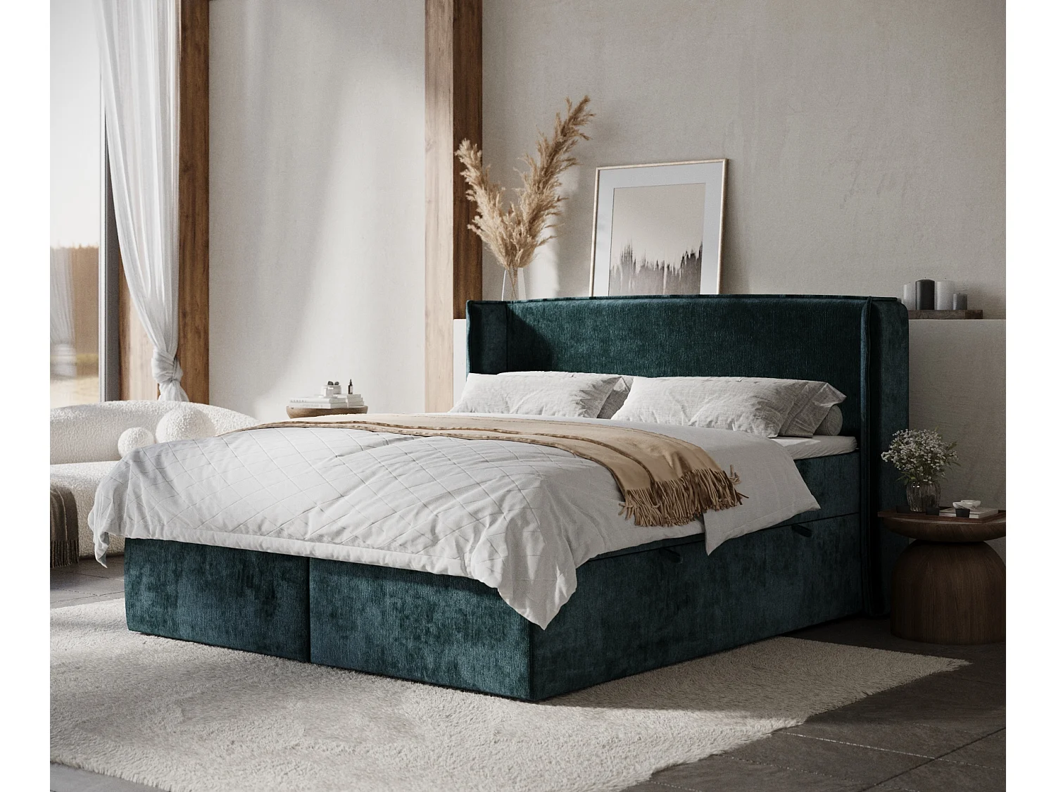 Łóżko boxspring w tkaninie szenilowej Skyline - materac - topper - 140x200 cm - teal 3981181 - obrazek 1