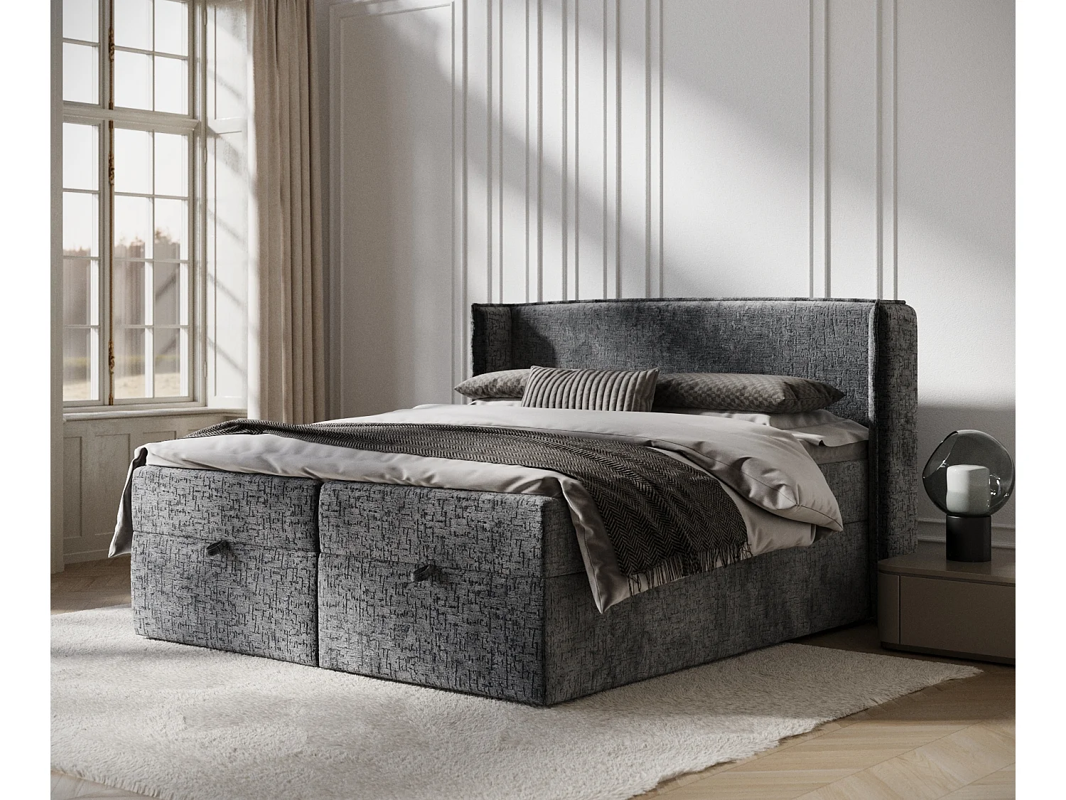 Łóżko boxspring w tkaninie szenilowej Passion – materac – topper – 160×200 cm – antracytowy 3981179