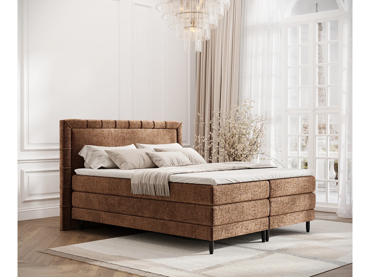 Łóżko boxspring w tkaninie szenilowej Rimini - materac - topper - 200x200 cm - miedziany 3981211 - obrazek 1