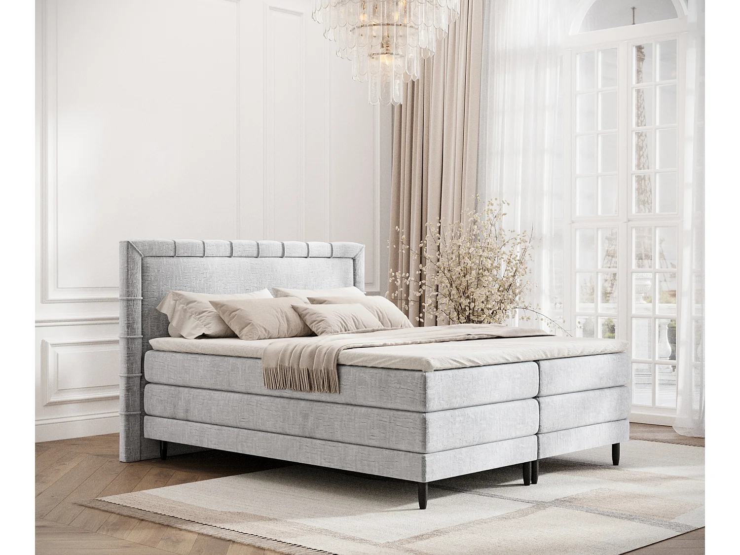 Łóżko boxspring w tkaninie szenilowej Rimini – materac – topper – 160×200 cm – jasnoszary 3981238