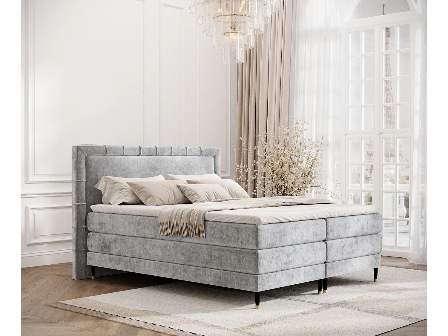 Łóżko boxspring w tkaninie szenilowej Rimini – materac – topper – 140×200 cm – jasnoszary 3981254