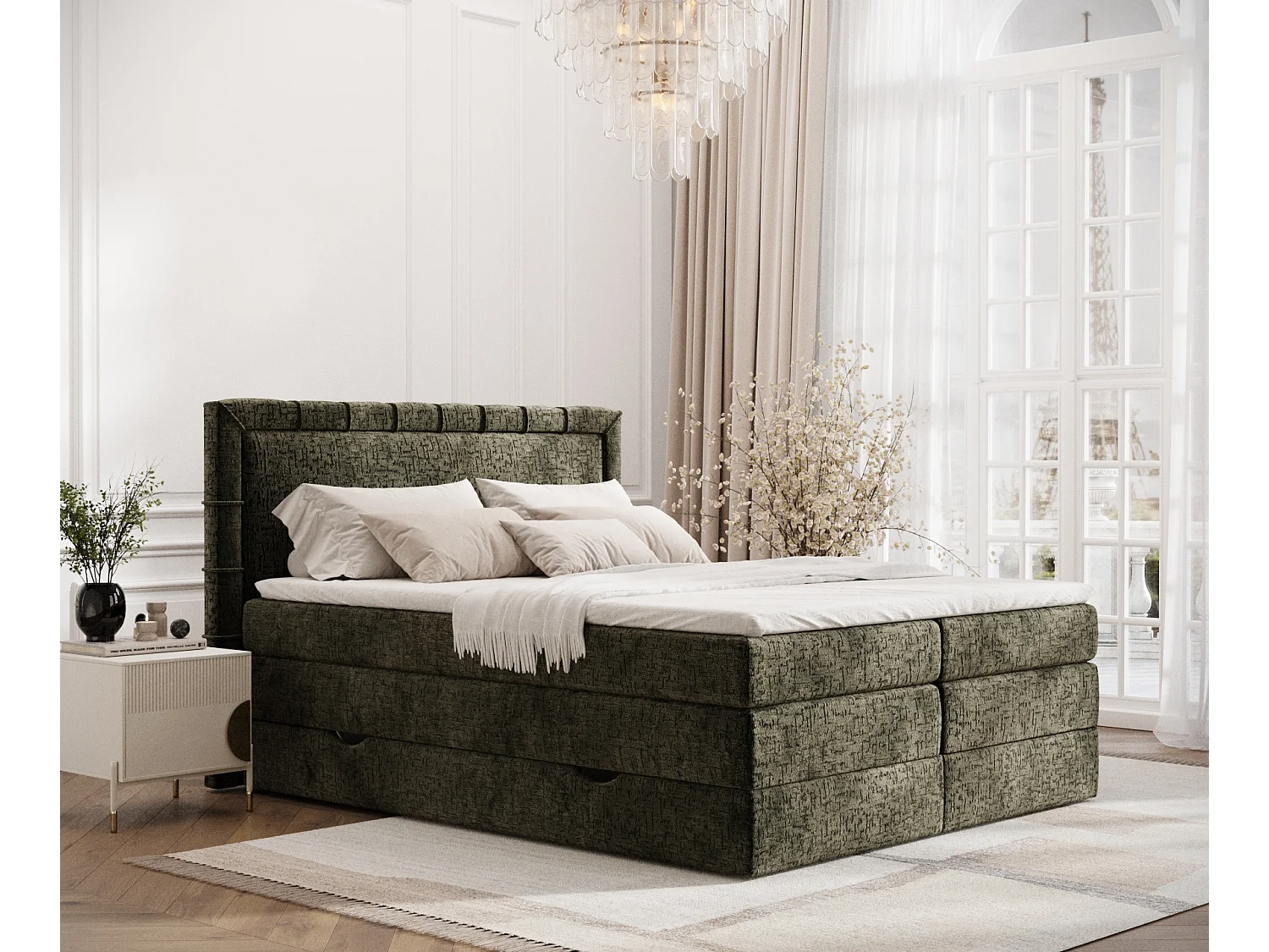 Łóżko boxspring w tkaninie szenilowej Rosabel - materac - topper - 160x200 cm - oliwkowy 3981309 - obrazek 1