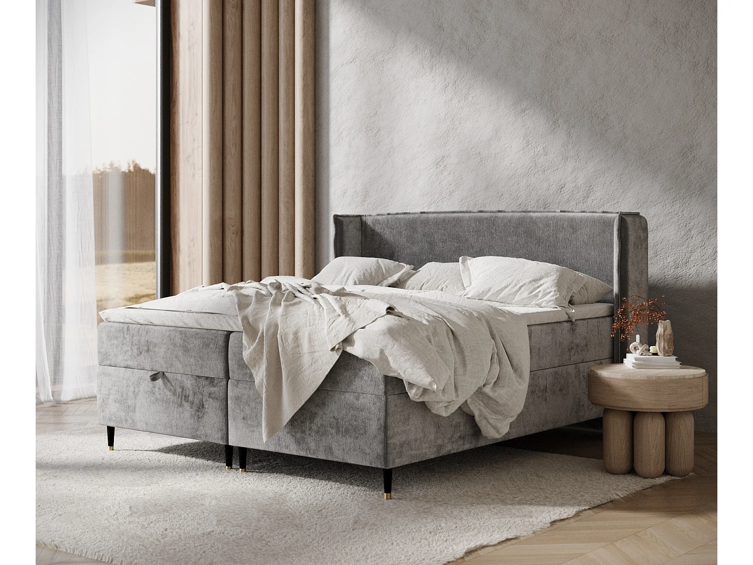 Łóżko boxspring w tkaninie szenilowej Monpelli - materac - topper - 180x200 cm - szary 3981310 - obrazek 1