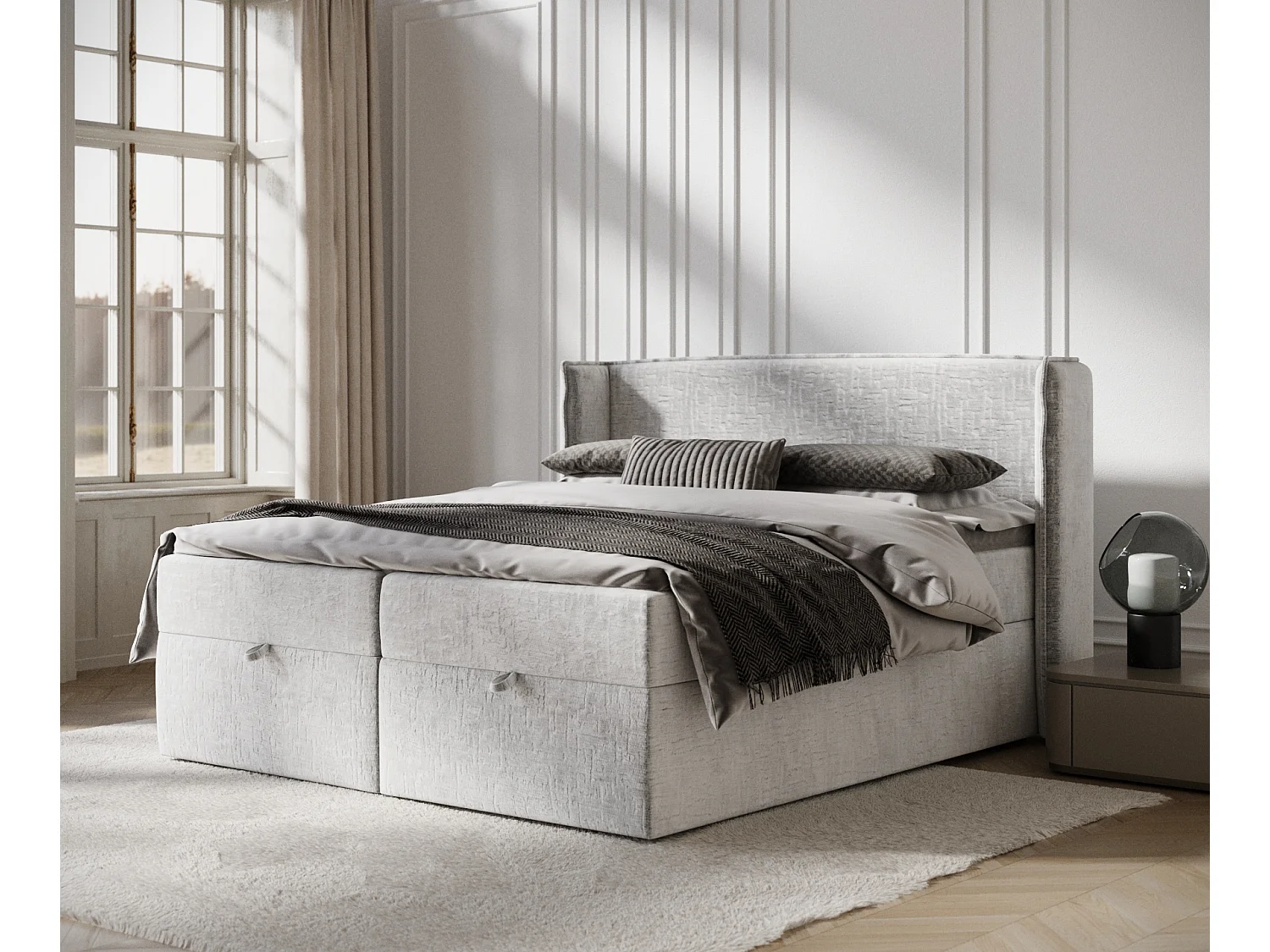 Łóżko boxspring w tkaninie szenilowej Passion – materac – topper – 160×200 cm – jasnoszary 3981363