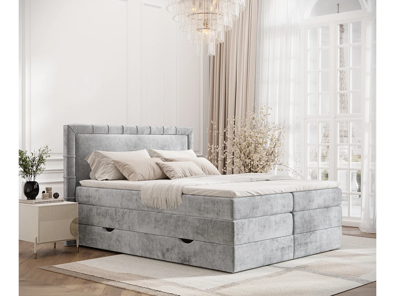 Łóżko boxspring w tkaninie szenilowej Rosabel - materac - topper - 160x200 cm - jasnoszary 3981379 - obrazek 1