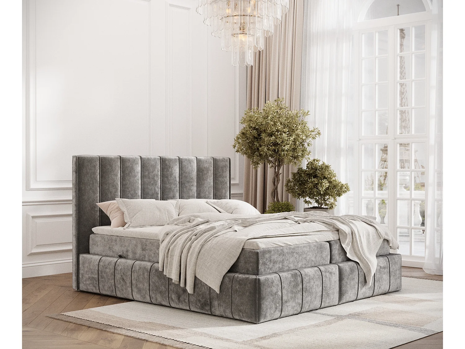 Łóżko boxspring w tkaninie szenilowej Moretti - materac - topper - 180x200 cm - szary 3981385 - obrazek 1