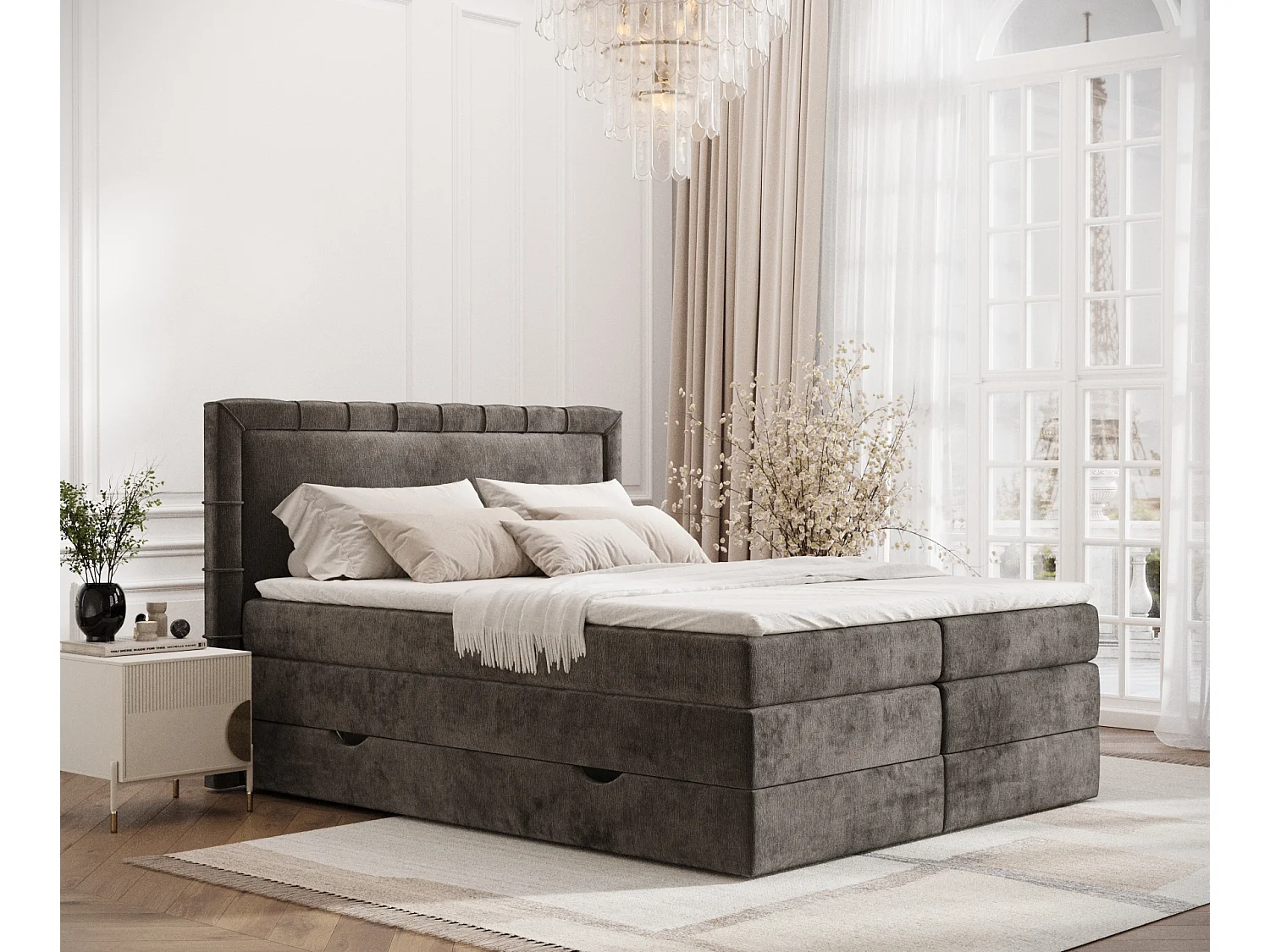 Łóżko boxspring w tkaninie szenilowej Rosabel - materac - topper - 180x200 cm - brązowy 3981386 - obrazek 1
