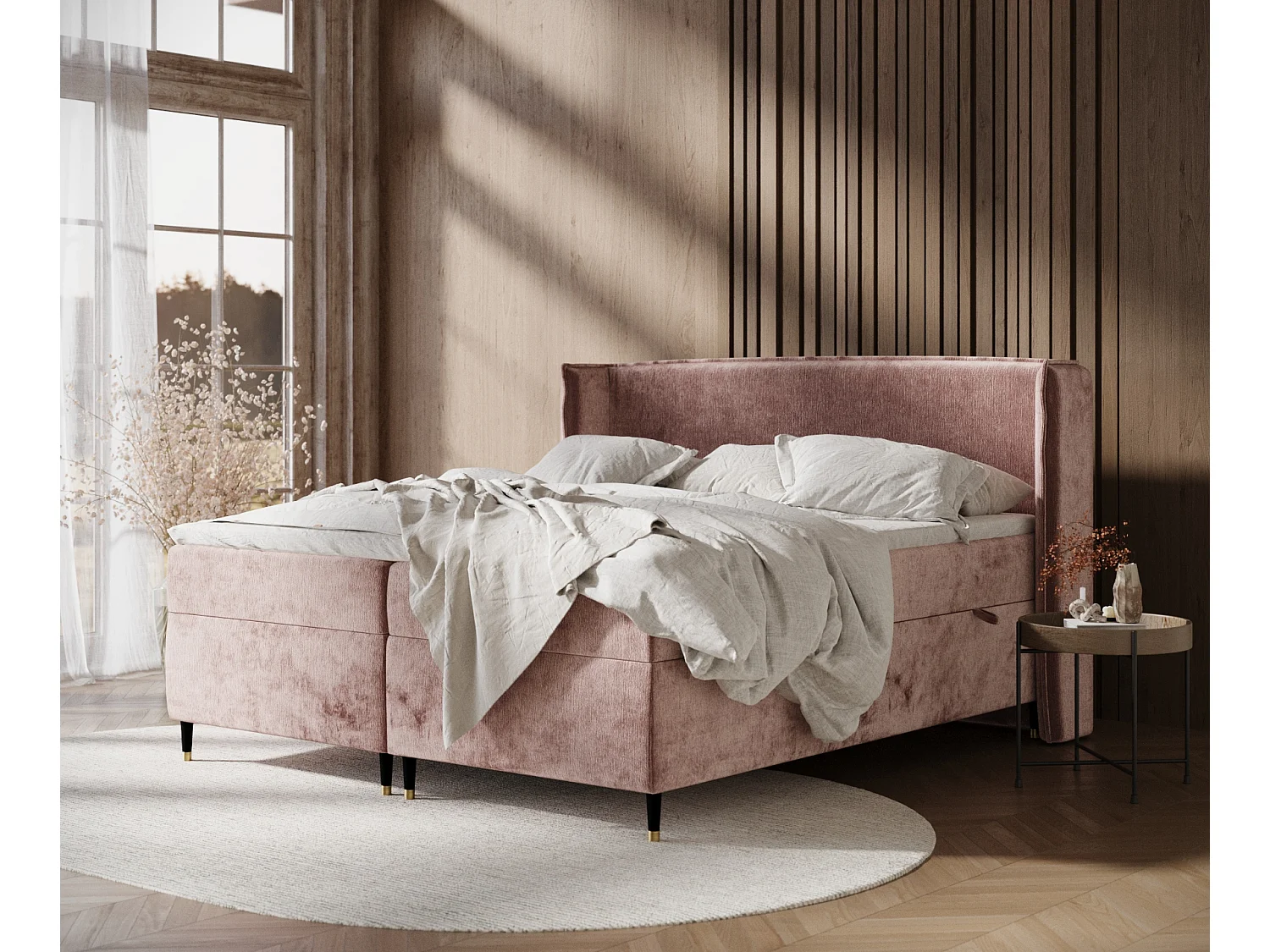 Łóżko boxspring w tkaninie szenilowej Segni - materac - topper - 180x200 cm - różowy 3981432 - obrazek 1