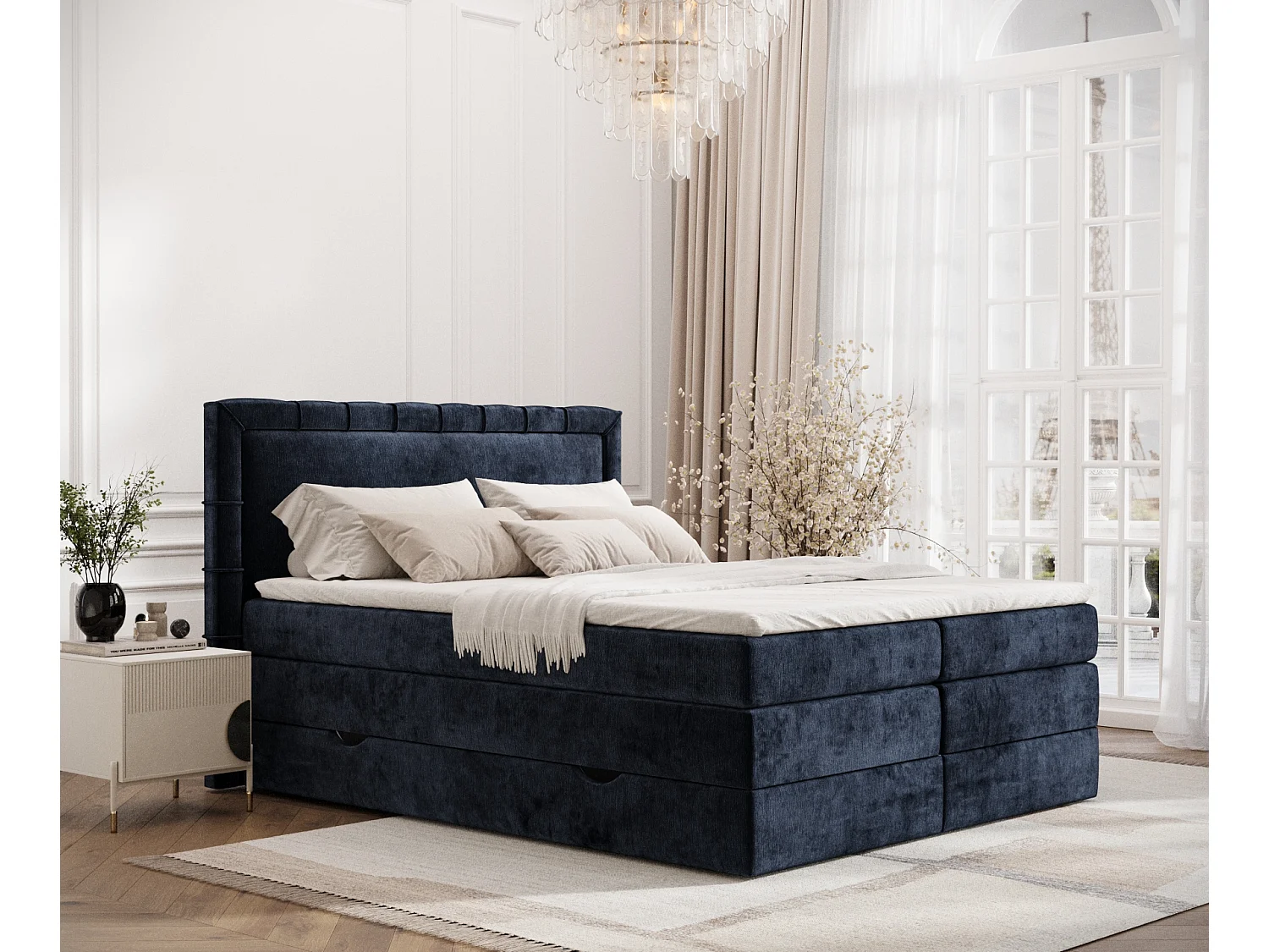 Łóżko boxspring w tkaninie szenilowej Rosabel - materac - topper - 140x200 cm - granatowy 3981506 - obrazek 1