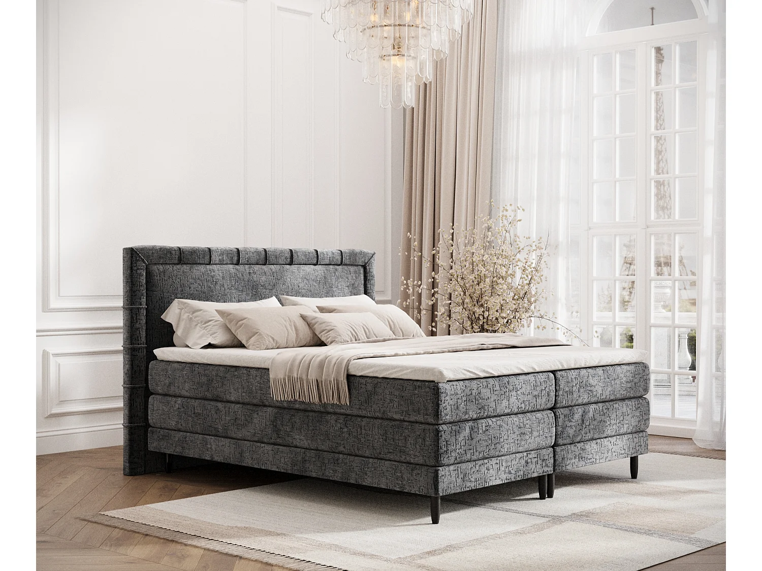Łóżko boxspring w tkaninie szenilowej Rimini - materac - topper - 140x200 cm - antracytowy 3981518 - obrazek 1