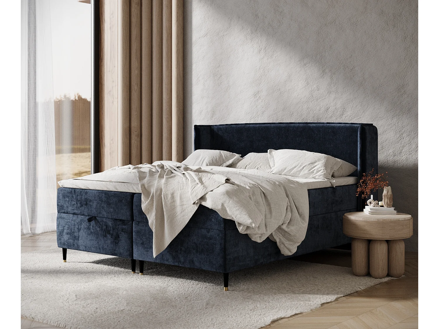 Łóżko boxspring w tkaninie szenilowej Monpelli - materac - topper - 180x200 cm - granatowy 3981535 - obrazek 1