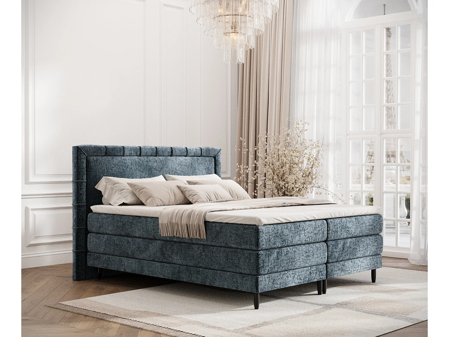 Łóżko boxspring w tkaninie szenilowej Rimini - materac - topper - 180x200 cm - niebieski 3981561 - obrazek 1
