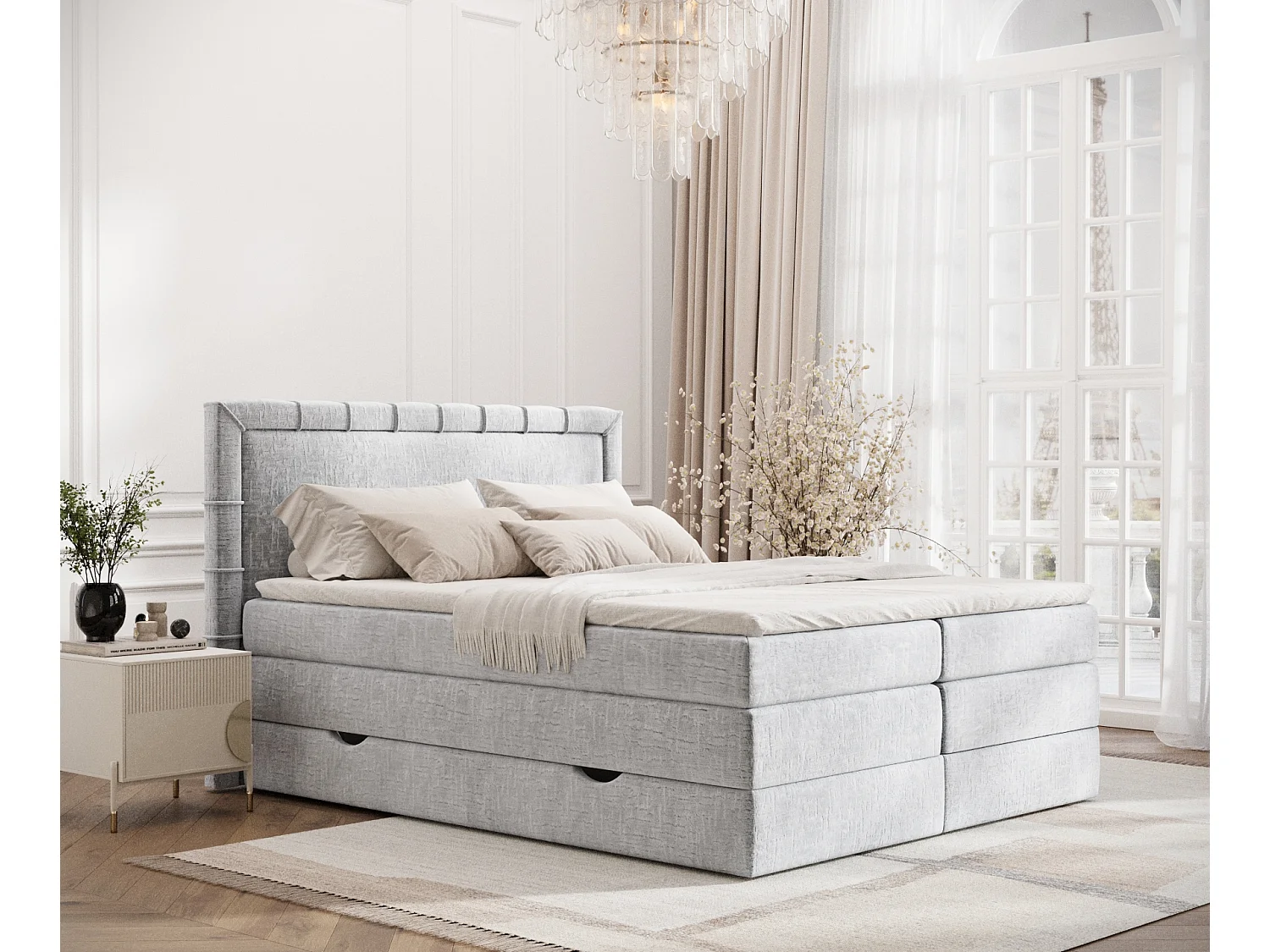 Łóżko boxspring w tkaninie szenilowej Rosabel - materac - topper - 200x200 cm - jasnoszary 3981577 - obrazek 1