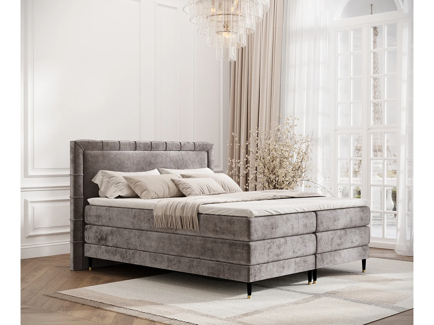 Łóżko boxspring w tkaninie szenilowej Rimini - materac - topper - 160x200 cm - beżowy 3981601 - obrazek 1