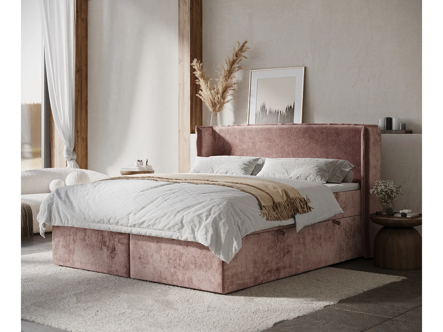 Łóżko boxspring w tkaninie szenilowej Skyline - materac - topper - 200x200 cm - różowy 3981626 - obrazek 1