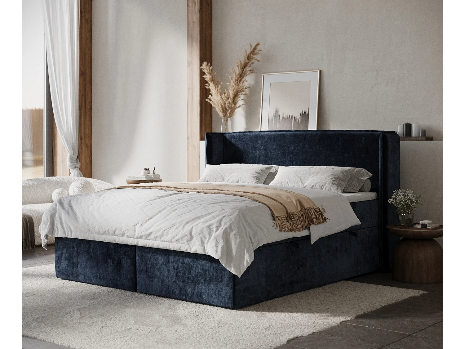 Łóżko boxspring w tkaninie szenilowej Skyline - materac - topper - 180x200 cm - granatowy 3981657 - obrazek 1