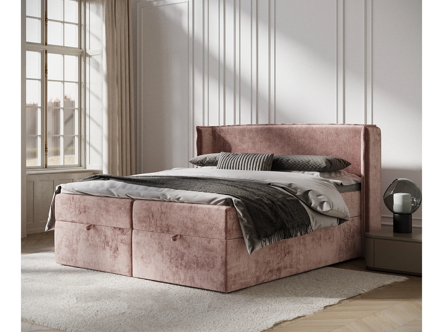 Łóżko boxspring w tkaninie szenilowej Passion - materac - topper - 180x200 cm - różowy 3981680 - obrazek 1